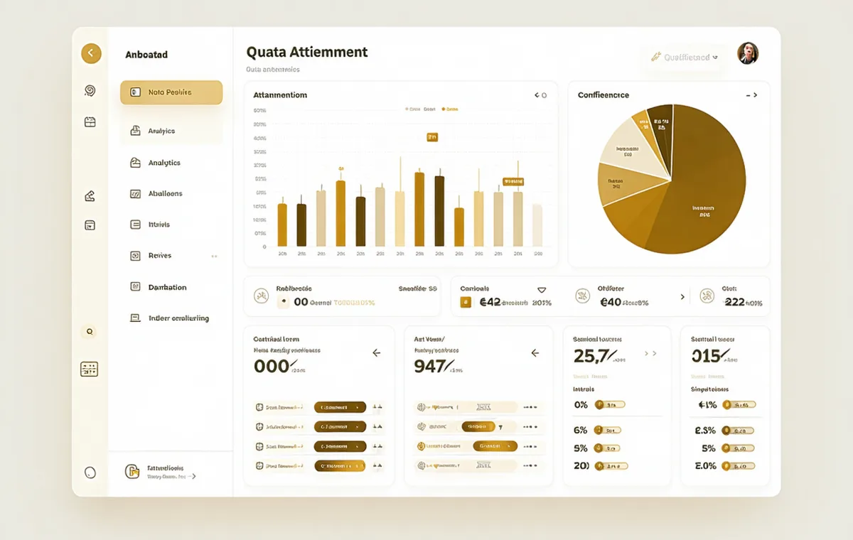 Revenue analytics dashboard showing quota attainment charts with amber accent lines on cream background