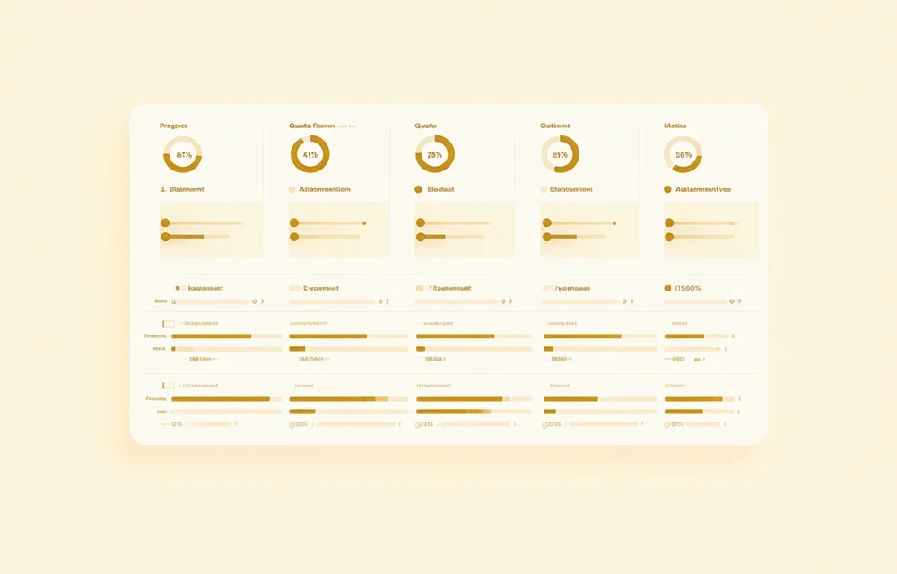 Sales rep scorecard dashboard UI showing performance metrics and quota attainment indicators
